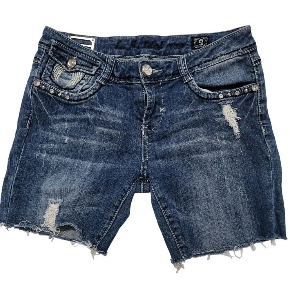 LA Idol USA Womens Distressed Denim Shorts Wing Rhinestone Studded Blue Size 9